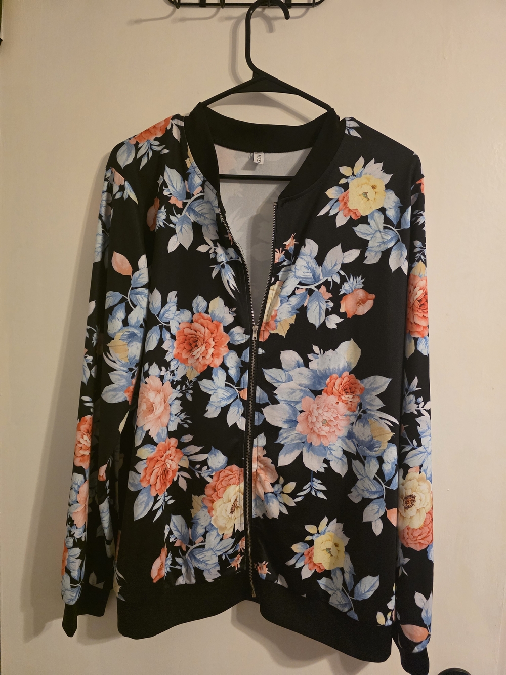 Floral Zip-Front Bomber Jacket - Black with Coral & Blue Flowers
